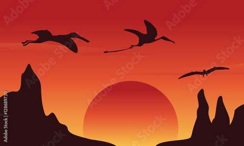 Silhouette of dinosaur pterodactyl at sunset scenery