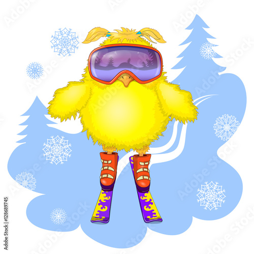 The young hen had learned to ski. In winter, the snow and the young hen riding on the mountain slopes. Vector Illustration.