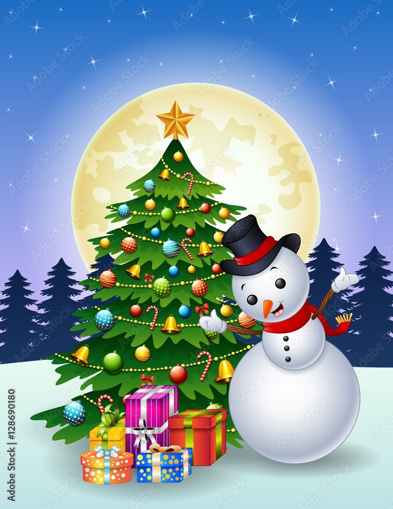 Snowman with christmas tree and gift boxes at night full moon background