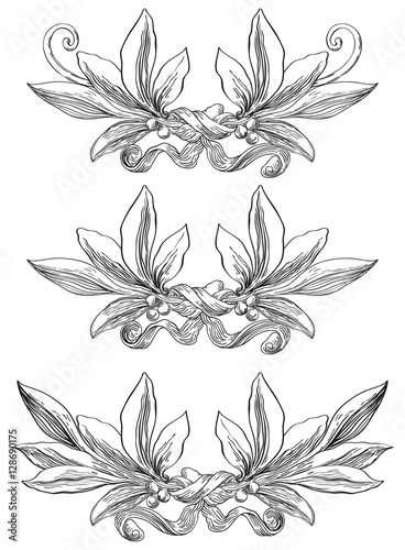 Laurel wreaths. Vector set of elements with laurel leaves at engraving style. 
