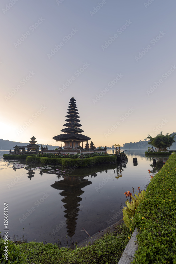 Pura Ulun Danu Bratan, Hindu temple on Bratan lake in Bali, Indonesia, at sunrise