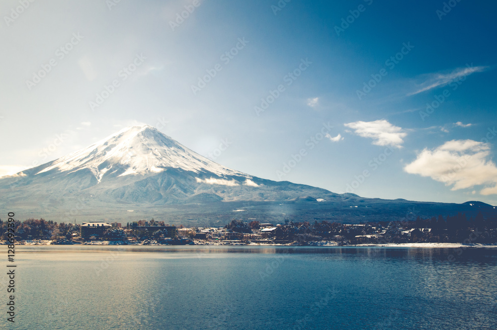 Mt Fuji in the early morning with reflection on the lake kawaguchiko