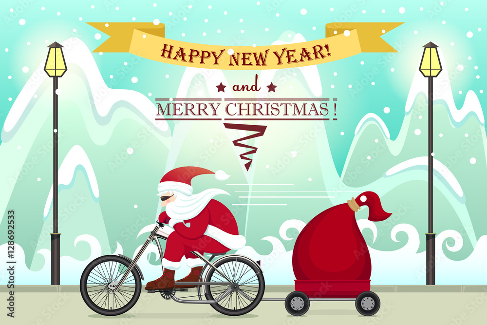 Santa Claus on bike. Christmas and Happy New year colourful cartoon