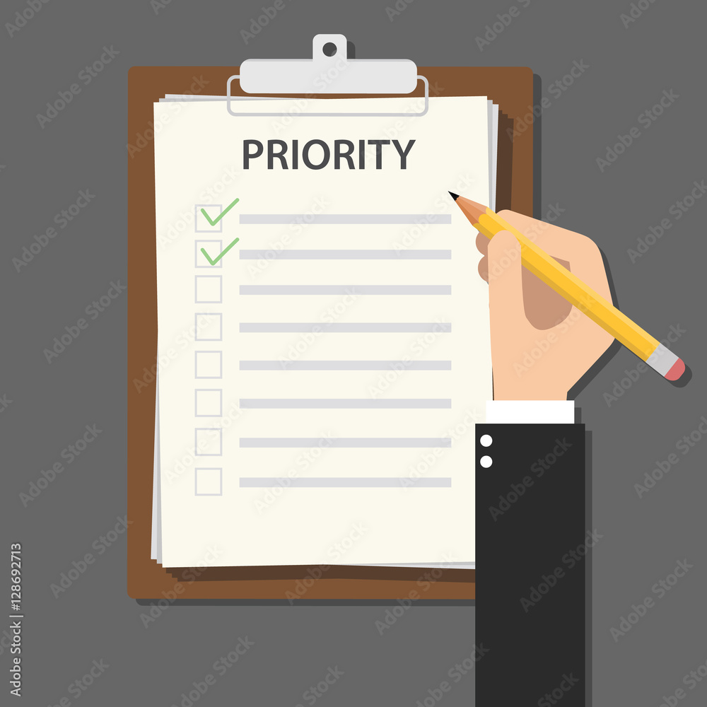 priority concept illustration with business man hand signing a paper ...