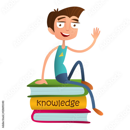 Cute boy teenager sitting on a pile of books and waving. flat style vector illustration isolated on white background. Smart kid.