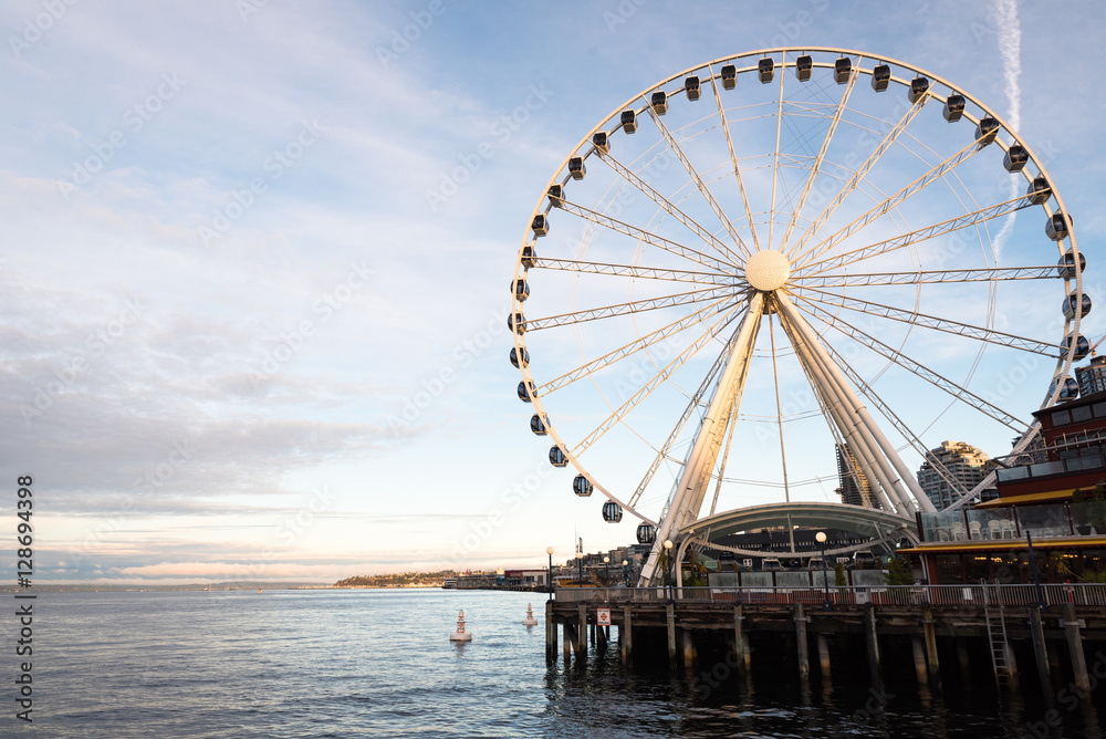 Sunset view of Ferris wheel in Seattle