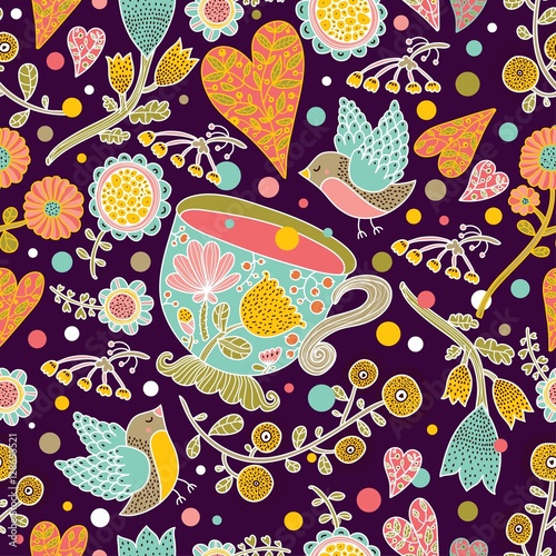 Flowers, birds and tea. Vector seamless pattern.