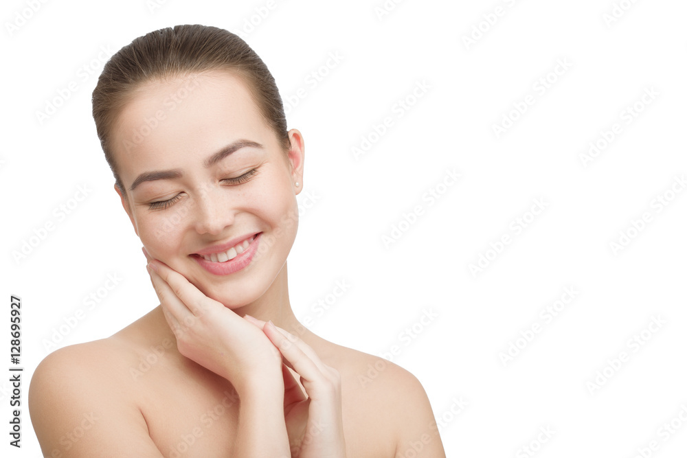 happy beautiful woman with clean skin smiling isolated on white background happy beautiful woman with clean skin smiling isolated on white background