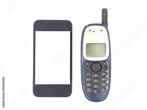 New Smart phone with Old mobile phone on white background
