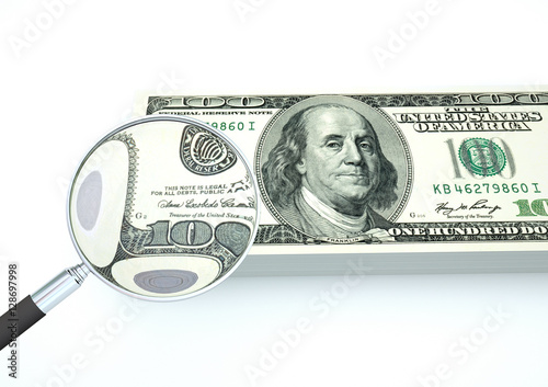 3D Rendered US money with magnifier investigate currency isolated on white background