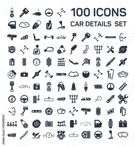 Car details & garage 100 isolated icons set on white background,