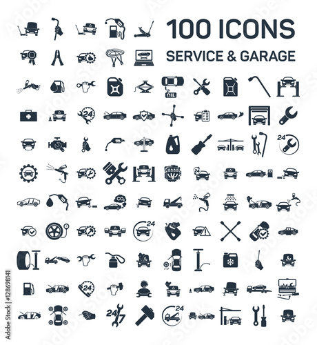 Car service & garage 100 isolated icons set on white background, rep