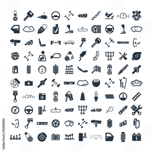 Car details & garage 100 isolated icons set on white background,