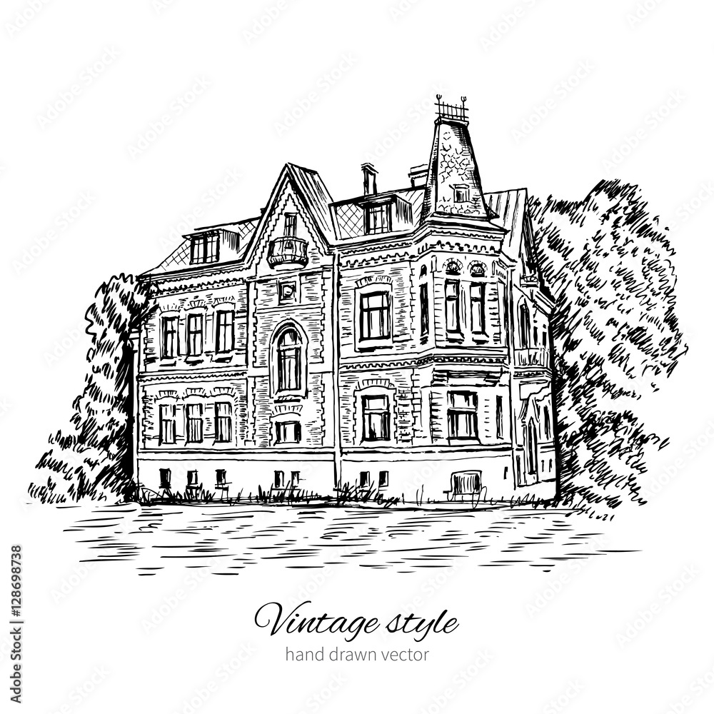 Vintage vector sketch tile old european house, mansion, Historical building sketchy line art isolated, touristic postcard, poster, calendar template, page idea with european houses