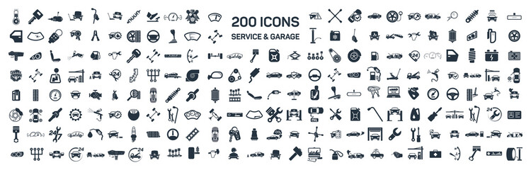 Car service & garage 200 isolated icons set on white background,
