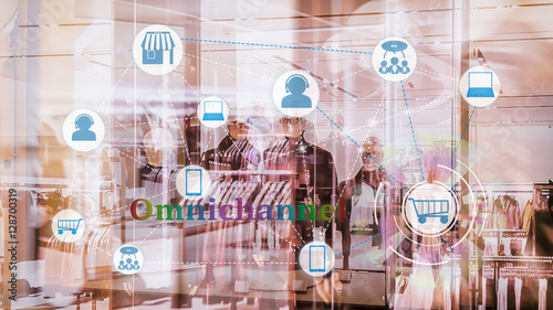 Marketing Data mangement platform and Omnichannel concept image. Omnichannel element icons on abstract Fashion stroe background.