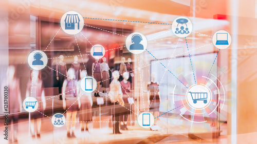 Marketing Data mangement platform and Omnichannel concept image. Omnichannel element icons on abstract Fashion stroe background.