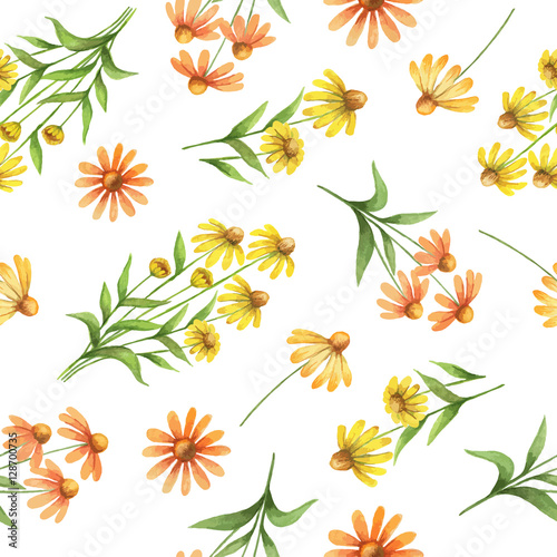 Watercolor seamless pattern with echinacea flowers and branches.