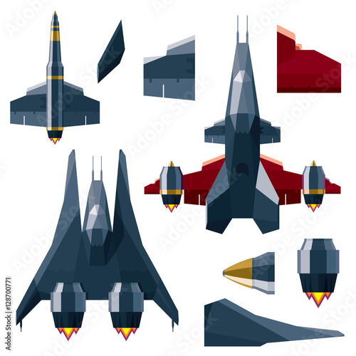 Spacecraft, spaceship and elements of construction, flat modern illustration, star war