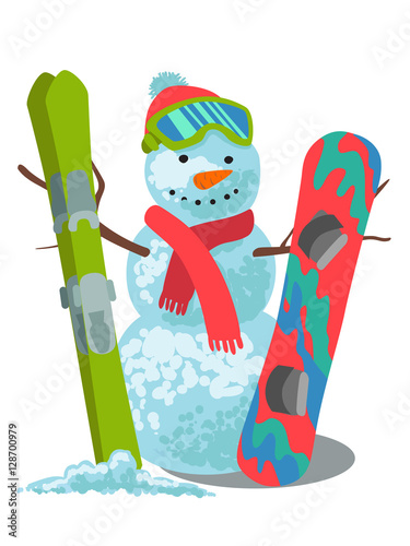 Vector illustration winter sport. Snowman with ski and snowboard isolated on white background.