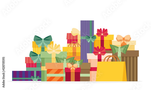 Pile colorful gift or present boxes with ribbon and bow vector s