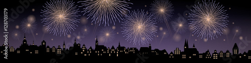 Historische Stadtkulisse mit Feuerwerk – schwarz-weiß / Vektor 