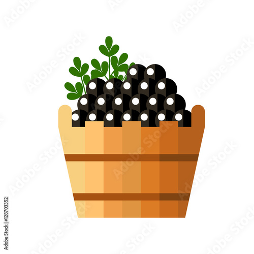 Black caviar in a wooden barrel isolated on white background. Roe icon logo vector illustration. Russian traditional snack. Caviare menu for restaurant.