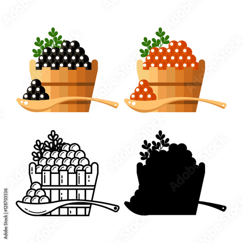 Black and red redcaviar in a wooden barrel isolated on white background. Roe thin line silhouette icon logo vector illustration. Russian traditional snack. Caviare menu for restaurant