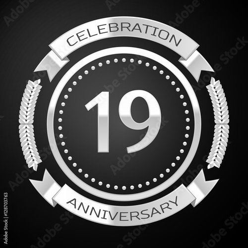 Nineteen years anniversary celebration with silver ring and ribbon on black background. Vector illustration