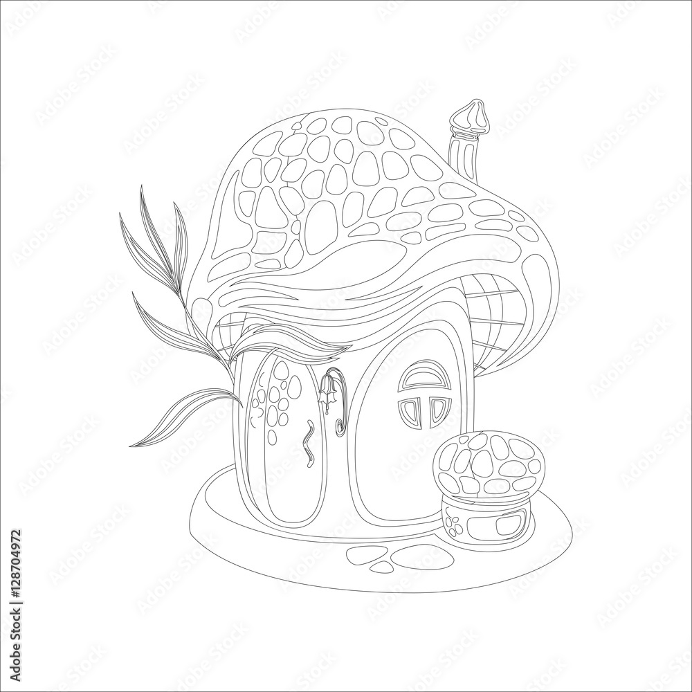 Fototapeta premium Coloring page with mushroom fairy tale house. Vector illustration