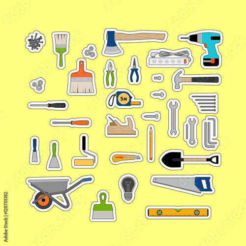 House repair, construction or working tools stickers. Vector icons