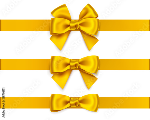 Decorative golden bow with horizontal ribbon isolated on white. Vector set of beautiful yellow  bows for page decor