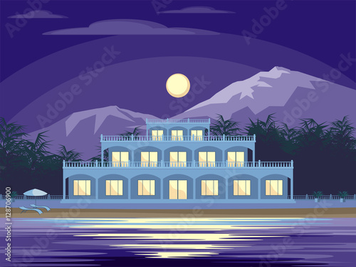 Abstract image of a large, beautiful country house. Luxury Villa on the seafront, surrounded by palm trees. Vector background.