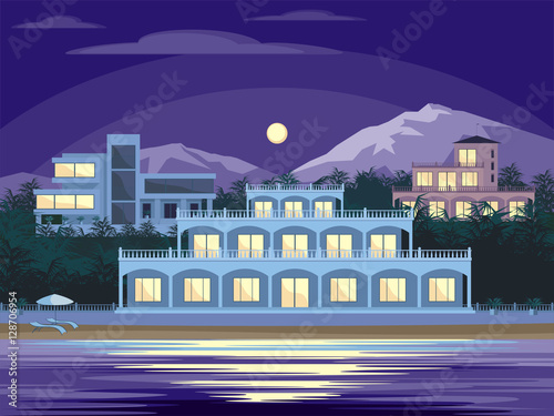 Abstract image of a large, beautiful country house. Luxury Villa on the seafront, surrounded by palm trees. Vector background.