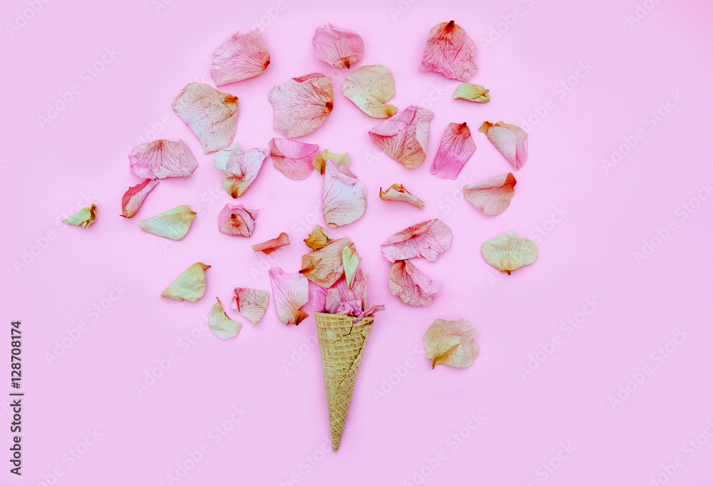 ice cone with pink petals.Flat lay.Pink background
ice cone with pink petals.Flat lay.Pink background