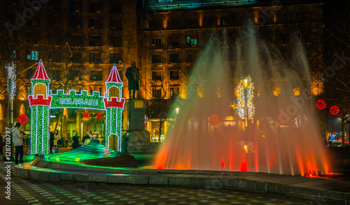 Beautiful red fountain with New Year decoration  Nikola Pasic Sq photo