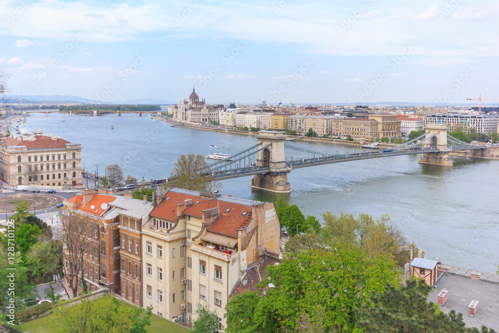Panorama of Budapest with the Chain Bridge and the hungarian Parliament building, Hungary