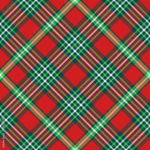 Seamless tartan plaid pattern. Checkered fabric texture background in Christmas palette of green, red & white. 