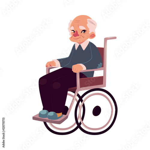 Portrait of happy old man sitting in wheelchair, cartoon vector illustration isolated on white background. Disabled senior, elder man, granddad sitting in wheelchair, living with disability concept