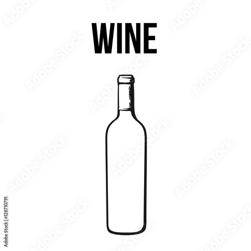 Red wine bottle, sketch style vector illustration isolated on white background. Realistic hand drawing of an unlabeled, unopened wine bottle