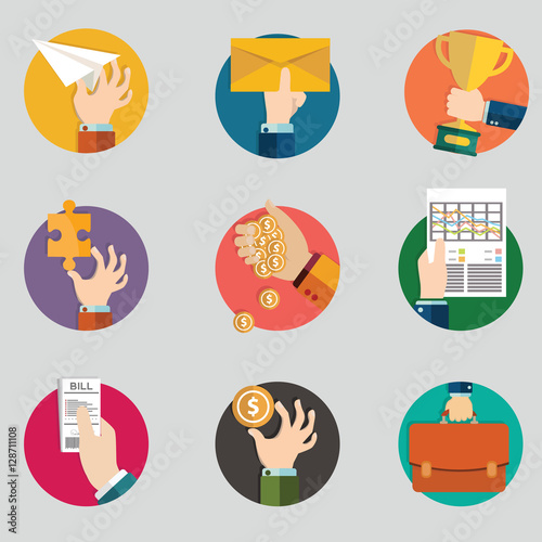 Hands with business object icons set, Flat Design Vector illustration