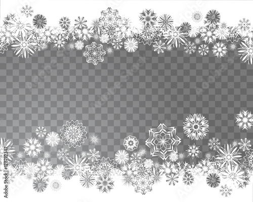 Snowflakes on a transparent background. Abstract snow background for your Christmas design. Place for your text. Vector illustration