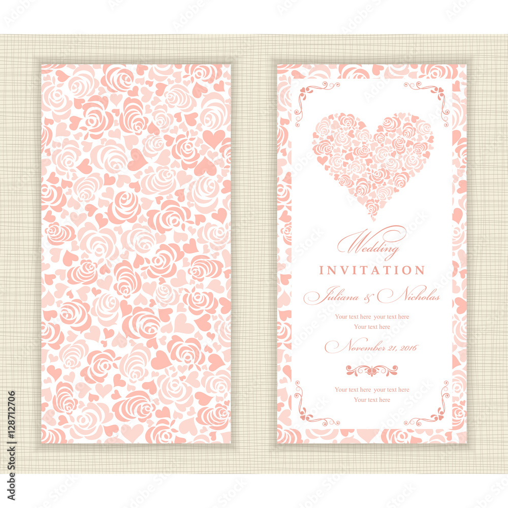 Set of 2 Wedding Invitation card with roses and hearts.
