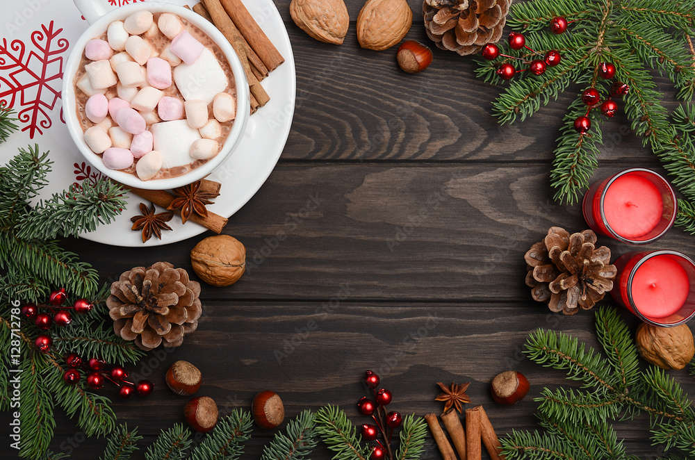 Christmas background with Hot chocolate. Top view, horizontal with copy space. Christmas background with Hot chocolate. Top view, horizontal with copy space.