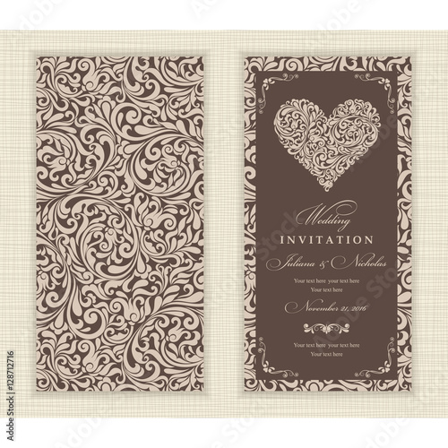 Set of 2 Wedding Invitation card with flowers and hearts.