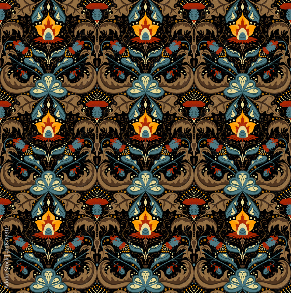 Gorgeous flower pattern vector image with small details ornament. Black background. Red, yellow, sea blue flowers with brown leafs for linens and home textile design. Dark blue, dark red  art work.
