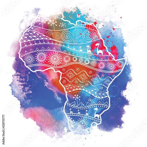 Textured vector map of Africa. Hand-drawn ethno pattern, tribal background. Vector illustration. Abstract Background with Watercolor Stains