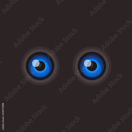 Blue Cartoon Eyes on Dark Background. Vector