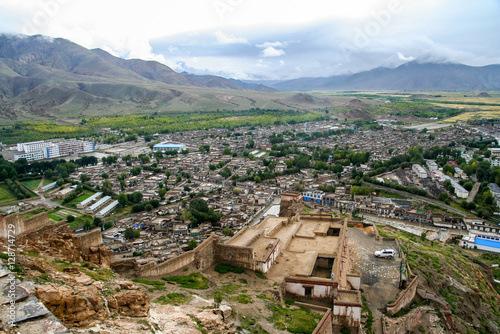 The aerial view of the walled Gyantse town in Tibet photo