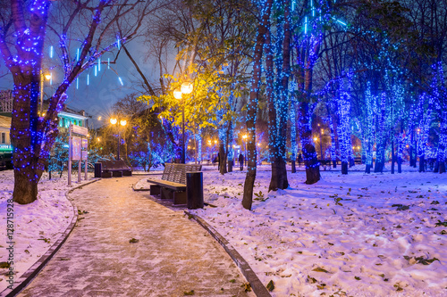 New Year and Christmas lighting decoration of the park at Serpukhovskaya square, Moscow Russia photo